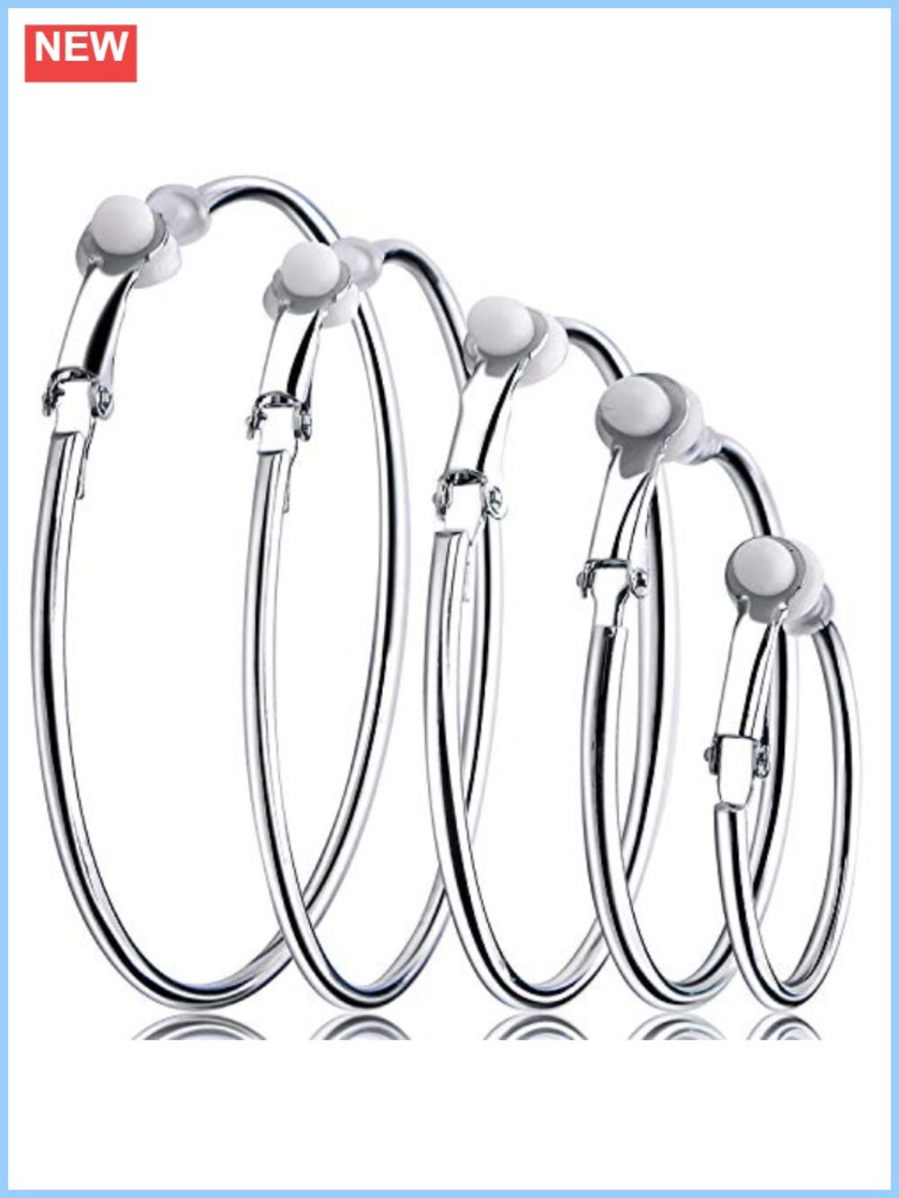 5 Pairs Silver Clip On Hoop Earrings Non Piercing Women 5 Sizes
